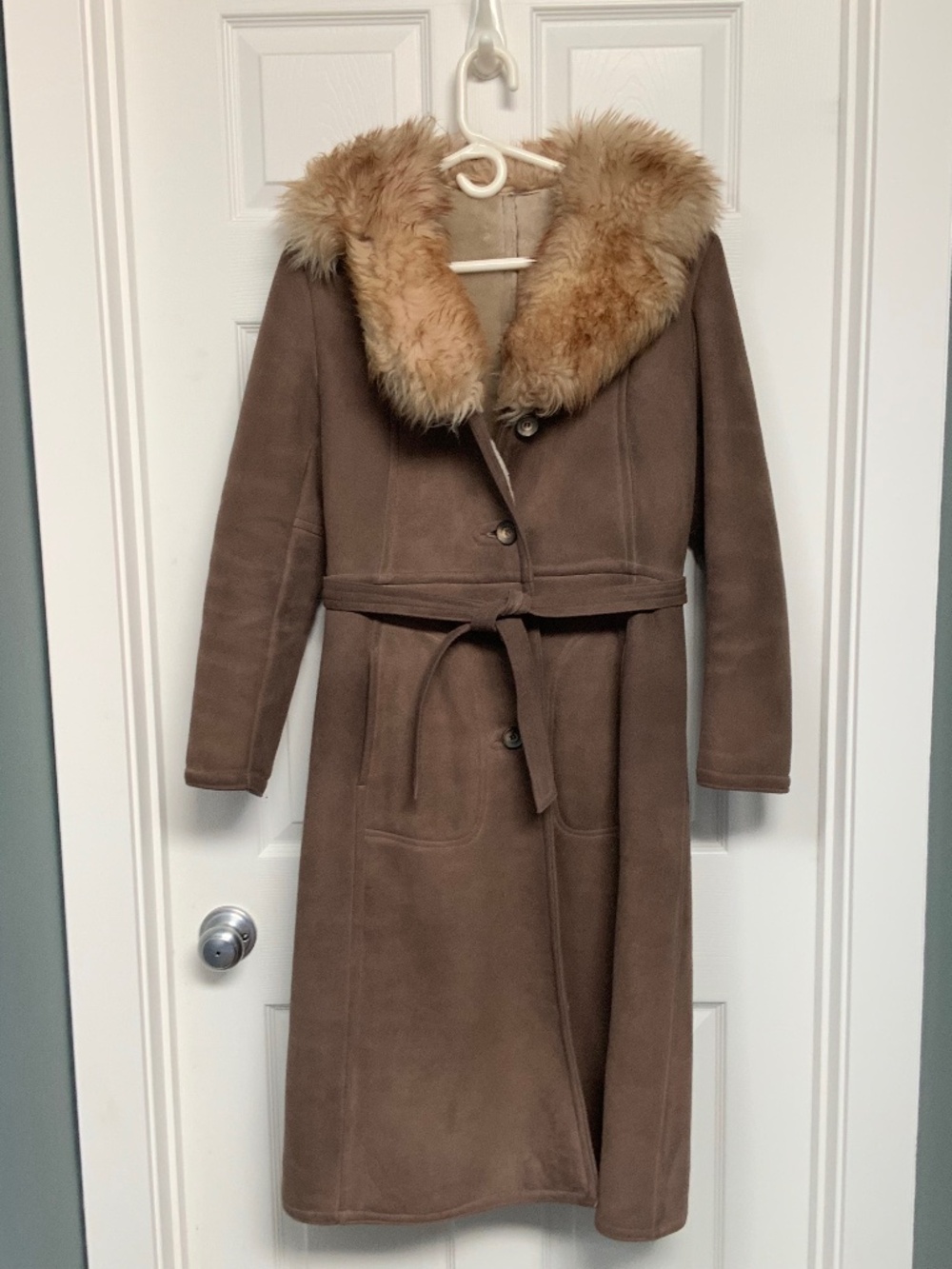 Vintage 1970s Suede Shearling Long Belted Penny Lane Coat from Sears